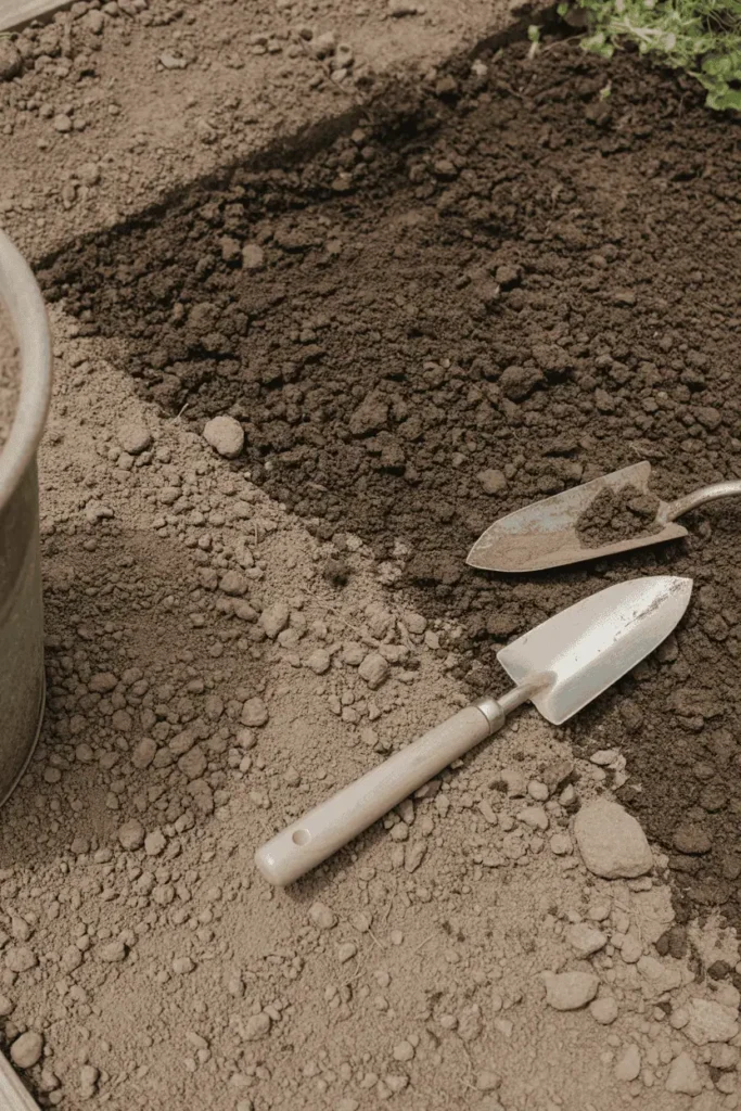 close-up of garden bed soil preparation with compost and gravel mixed into earth, hand trowel and soil knife resting nearby, crumbly well-draining soil texture, muted browns and soft beige tones, natural daylight, practical and peaceful gardening aesthetic