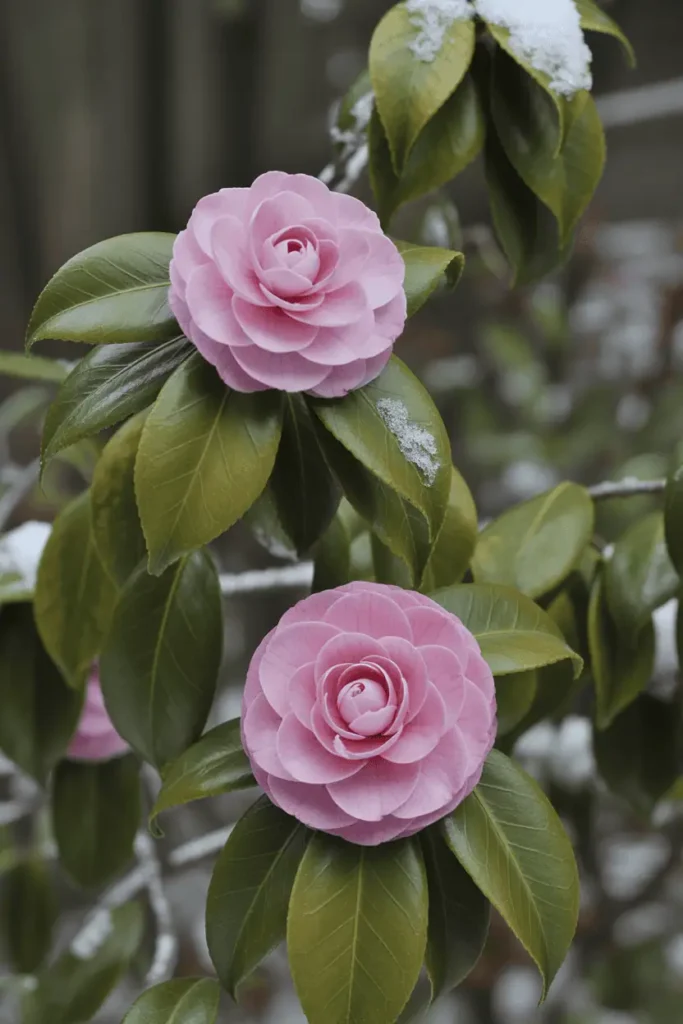 Perfect rosette pink camellia flowers against glossy evergreen leaves on a winter branch, intricate layered petals with subtle veining, fresh snow dusting edges for seasonal romance, close-up woodland setting, square Pinterest pin style, high-resolution realism.