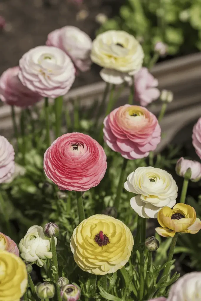 Ranunculus flowers blooming in garden bed, tightly layered petals in bright spring colors, natural daylight, detailed close-up photography, realistic botanical style, no people, no text