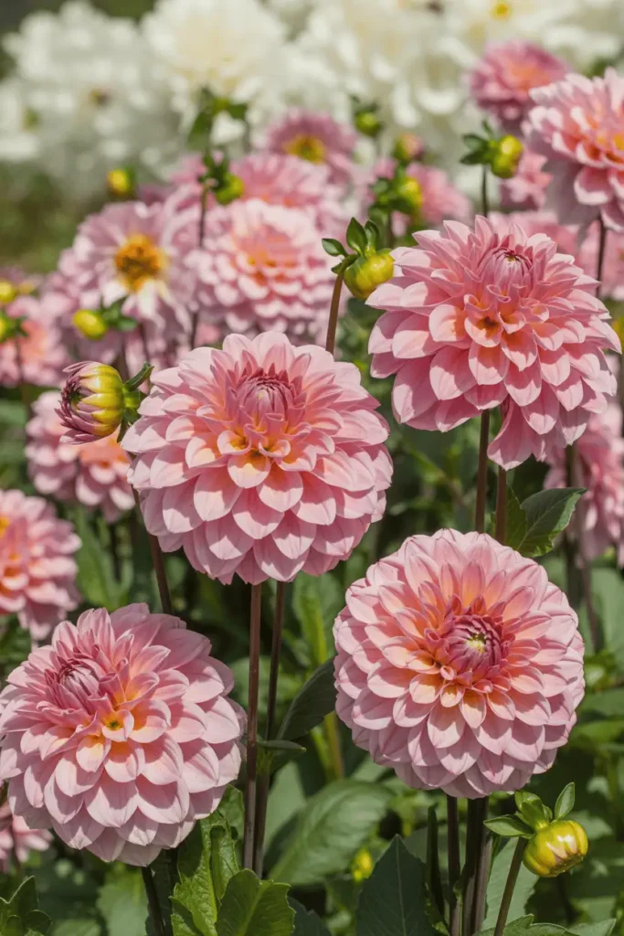 Stunning dinner-plate pink dahlias towering in a sunlit border, perfect geometric petal spirals in blush tones, strong stems with supporting stakes visible, vibrant summer garden scene, sharp focus on flowers with creamy bokeh backdrop, square format, ultra high detail.