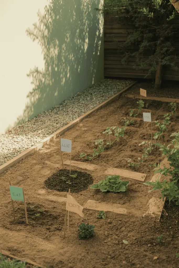 sunny backyard garden with visible sun and shade patterns, gravel near a pale wall reflecting heat, simple flags marking hot zones, earthy soil textures, warm daylight, educational yet serene garden scene, realistic photography, calm eco-friendly tone