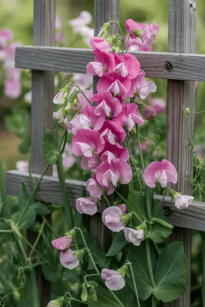 Vibrant cascades of ruffled pink sweet peas climbing a weathered wooden trellis, tendrils twining romantically, delicate papery petals with candy-colored hues, soft bokeh garden background, fragrant morning dew effect, vertical Pinterest style, 9:16 aspect ratio.