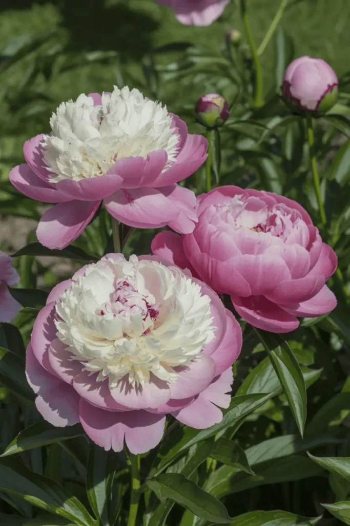 Peony flowers in full spring bloom, large layered petals in pink and white tones, natural sunlight, romantic garden atmosphere, realistic high-end photography, no people, no text
