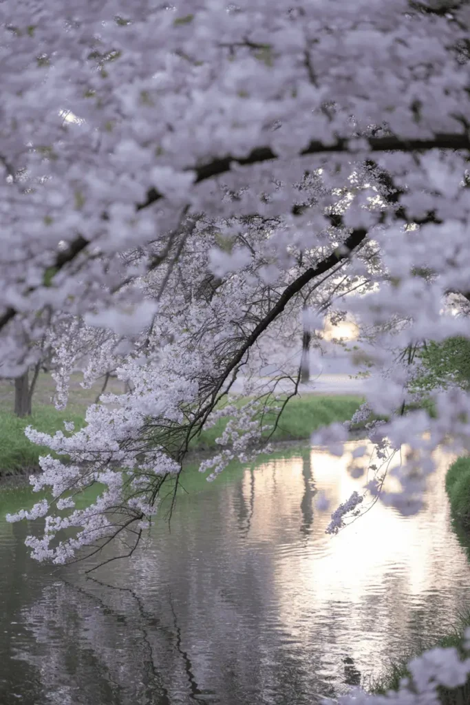Majestic canopy of delicate pink cherry blossoms in full bloom arching over a serene tranquil pond, petals gently falling into rippling water reflections, soft spring morning mist, ethereal romantic atmosphere, wide landscape view, photorealistic with fine petal details, 16:9 ratio.