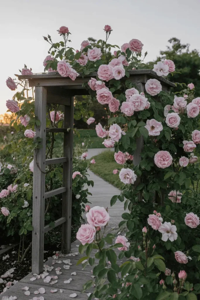 Elegant climbing pink roses draping over a rustic wooden arbor framing a winding garden path, velvety soft pink petals in various stages of bloom with fresh buds and fallen petals on ground, warm sunset glow illuminating the scene, romantic vintage vibe, high resolution, 4:5 vertical aspect ratio.