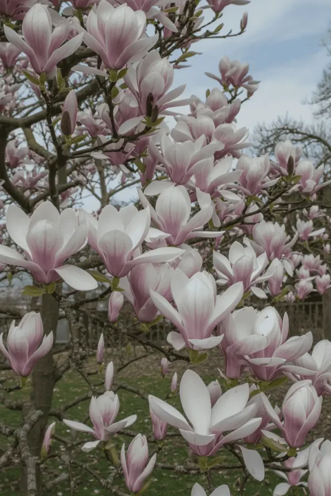 Magnolia tree covered in large white and pink blossoms, branches without leaves, elegant spring garden setting, natural daylight, realistic high-resolution photography, no people, no text