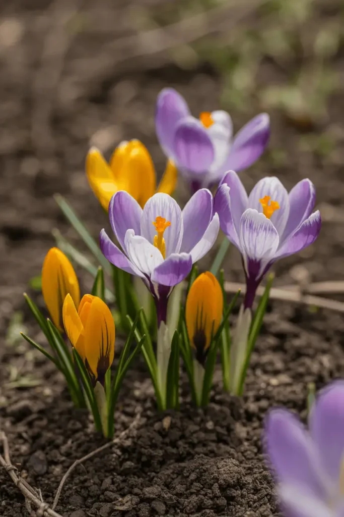 Crocus flowers emerging from soil in early spring, purple and yellow blooms close to ground, soft natural light, shallow depth of field, realistic macro garden photography, no people, no text