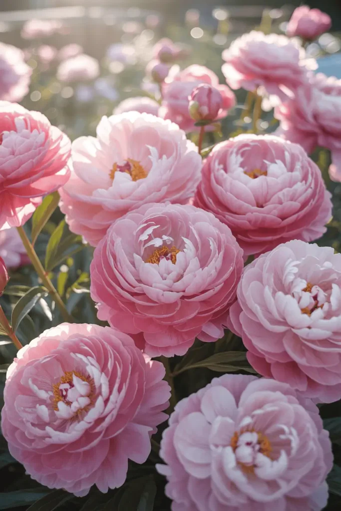 Lush close-up of massive ruffled pink peonies in full bloom filling the frame, velvety petals with soft blush gradients and dewy centers, morning light creating gentle bokeh highlights, romantic garden setting with subtle green foliage backdrop, ultra-detailed textures, soft pastel aesthetic, square format for Pinterest.
