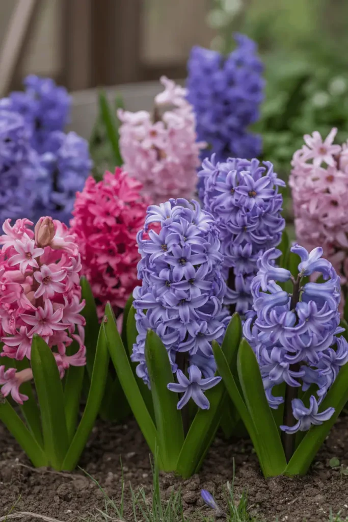 Hyacinth flowers blooming in a spring garden bed, rich purple and pink tones, dense flower clusters, natural morning light, realistic close-up photography, no people, no text