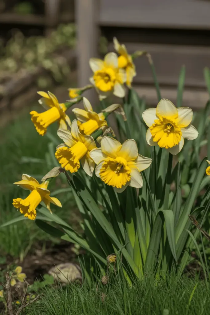 Bright yellow daffodils blooming in early spring garden, natural sunlight, soft shadows, slightly wild planting style, realistic botanical photography, crisp details, no people, no text