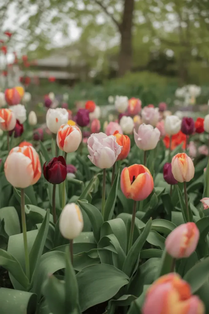 Realistic spring garden filled with blooming tulips in soft pastel and vibrant colors, natural outdoor light, gently blurred background, fresh green leaves, shallow depth of field, high-end garden photography, no people, no text