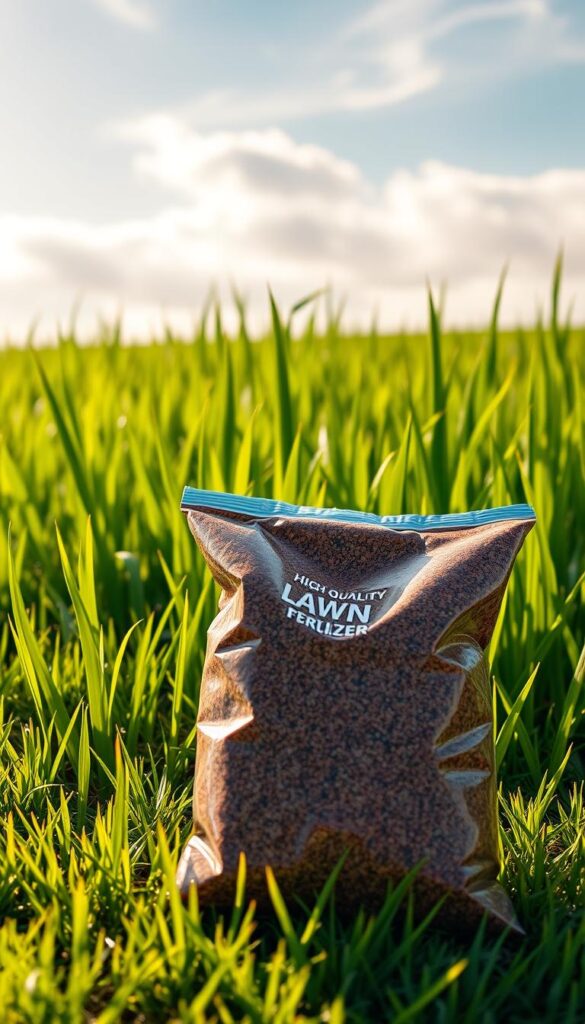 A bag of high-quality lawn fertilizer resting on a lush, green grass. The fertilizer is a rich, earthy brown color with a textured, granular appearance. The bag is positioned in the foreground, casting a soft, natural shadow on the grass. The middle ground features blades of healthy, vibrant grass, each blade standing tall and gently swaying in a light breeze. In the background, a warm, golden sunlight filters through wispy clouds, creating a soothing, serene atmosphere. The scene is captured with a shallow depth of field, allowing the fertilizer bag to be the focal point, drawing the viewer's attention to the importance of proper lawn care and fertilization. A bag of high-quality lawn fertilizer resting on a lush, green grass. The fertilizer is a rich, earthy brown color with a textured, granular appearance. The bag is positioned in the foreground, casting a soft, natural shadow on the grass. The middle ground features blades of healthy, vibrant grass, each blade standing tall and gently swaying in a light breeze. In the background, a warm, golden sunlight filters through wispy clouds, creating a soothing, serene atmosphere. The scene is captured with a shallow depth of field, allowing the fertilizer bag to be the focal point, drawing the viewer's attention to the importance of proper lawn care and fertilization.