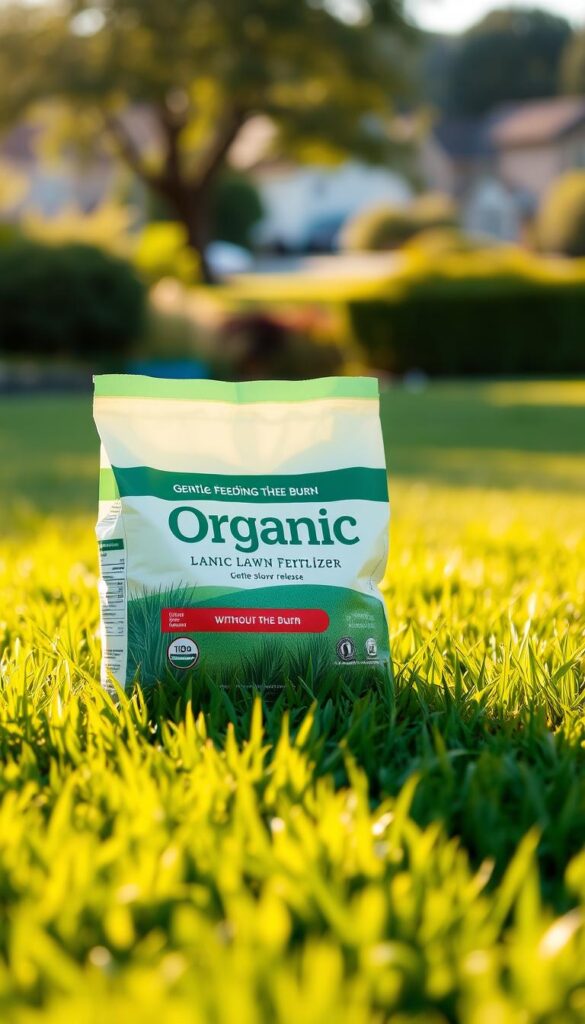 A bag of organic lawn fertilizer with a gentle, slow-release formula sits atop a lush, verdant grass lawn. The bag is illuminated by warm, golden sunlight, casting soft shadows on the ground. The lawn in the foreground is vibrant and healthy, with individual blades of grass clearly visible. In the background, a blurred, idyllic suburban landscape provides a peaceful, serene setting. The overall mood is one of natural abundance and nourishment, perfectly capturing the idea of "gentle feeding without the burn" for a lush, summer lawn.