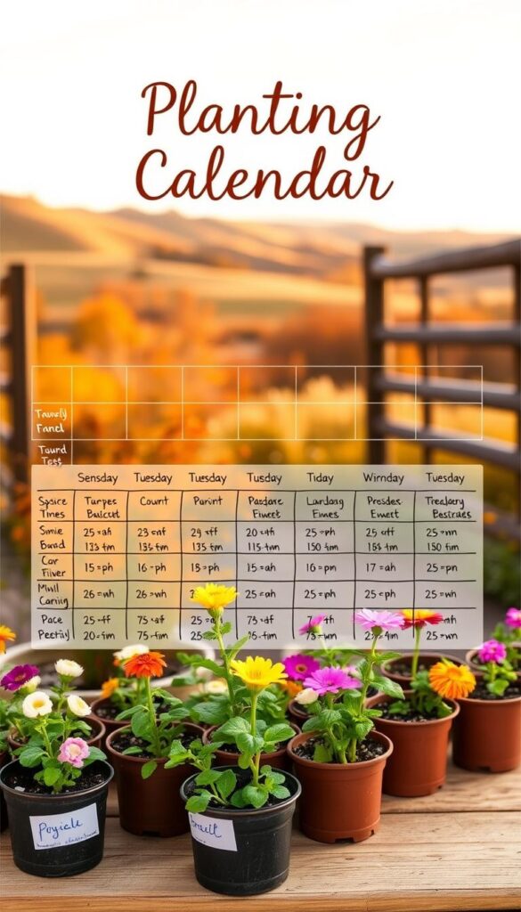 A beautiful, detailed planting calendar set against a warm, autumn-inspired background. In the foreground, vibrant flower seedlings in pots, labeled with their names and bloom times. In the middle ground, a hand-drawn grid with rows for each season, highlighting ideal planting windows. The background depicts a cozy outdoor scene - rolling hills, a rustic wooden fence, and a clear sky with soft, golden light filtering through. The overall composition conveys a sense of planning, organization, and the joy of preparing for the winter's bloom. A beautiful, detailed planting calendar set against a warm, autumn-inspired background. In the foreground, vibrant flower seedlings in pots, labeled with their names and bloom times. In the middle ground, a hand-drawn grid with rows for each season, highlighting ideal planting windows. The background depicts a cozy outdoor scene - rolling hills, a rustic wooden fence, and a clear sky with soft, golden light filtering through. The overall composition conveys a sense of planning, organization, and the joy of preparing for the winter's bloom.