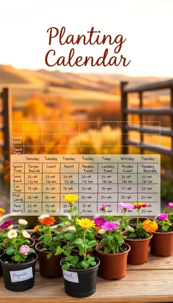 A beautiful, detailed planting calendar set against a warm, autumn-inspired background. In the foreground, vibrant flower seedlings in pots, labeled with their names and bloom times. In the middle ground, a hand-drawn grid with rows for each season, highlighting ideal planting windows. The background depicts a cozy outdoor scene - rolling hills, a rustic wooden fence, and a clear sky with soft, golden light filtering through. The overall composition conveys a sense of planning, organization, and the joy of preparing for the winter's bloom.