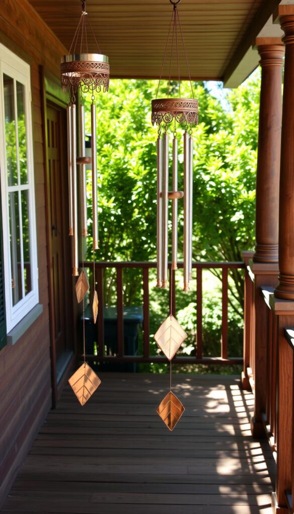 A beautiful wooden porch, adorned with intricate wind chimes that sway gently in the spring breeze. The chimes, crafted from polished metal and natural materials, emit a soft, soothing melody that fills the air. Sunlight filters through the chimes, casting delicate shadows and reflections on the porch's weathered floorboards. In the background, a lush, verdant garden frames the scene, adding a touch of natural beauty. The overall atmosphere is one of tranquility and relaxation, inviting the viewer to pause and savor the gentle movement and gentle sounds of the porch's wind chimes.