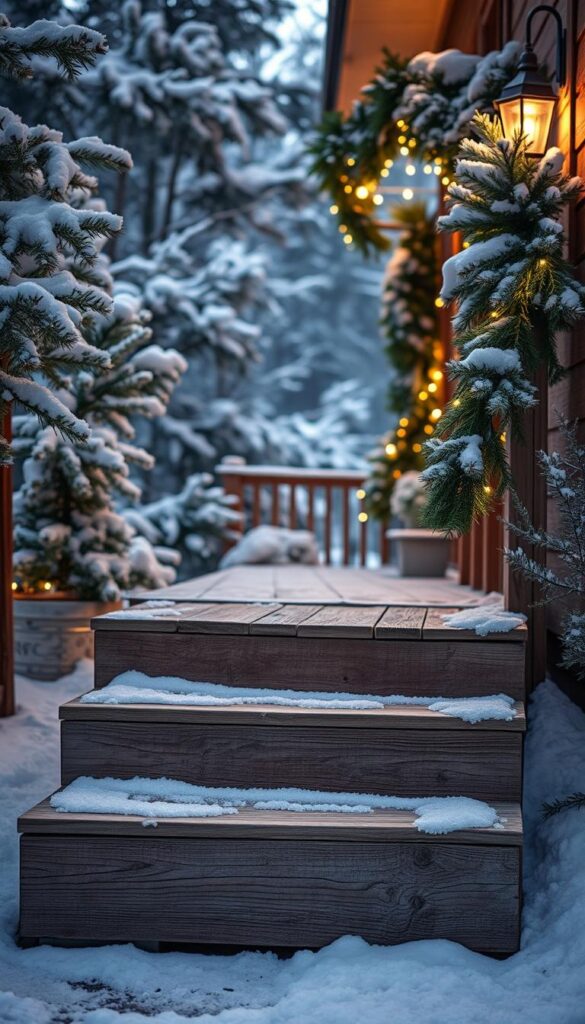 A beautifully crafted, detailed wooden step in a rustic winter setting. The step is made of weathered, aged planks with natural knots and grain. It is situated on a backdrop of snow-covered pine trees, their branches heavy with white powder. Soft, warm lighting illuminates the scene, casting a cozy, inviting glow. The step is positioned at an angle, inviting the viewer to ascend to a charming, snow-dusted front porch adorned with lush evergreen garlands and twinkling fairy lights. The overall atmosphere evokes a sense of peaceful, serene winter charm.
