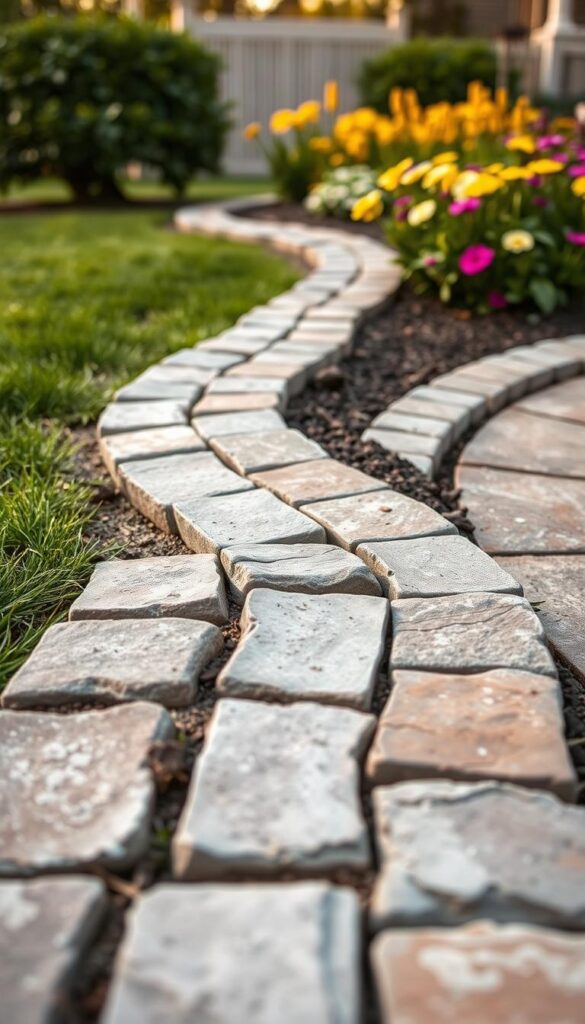 A beautifully crafted edging feature, showcasing natural stone pavers arranged in a meandering pattern. The pavers have a weathered, textured appearance, lending an organic, rustic charm to the design. The edging runs along the perimeter of a lush, vibrant flowerbed, framing the yard in a visually appealing way. Soft, diffused lighting casts a warm, inviting glow, highlighting the earthy tones and subtle variations in the stone. The camera angle captures the edging from a low, eye-level perspective, emphasizing its practical functionality and seamless integration with the surrounding landscape. The overall mood is one of simple elegance and effortless curb appeal. A beautifully crafted edging feature, showcasing natural stone pavers arranged in a meandering pattern. The pavers have a weathered, textured appearance, lending an organic, rustic charm to the design. The edging runs along the perimeter of a lush, vibrant flowerbed, framing the yard in a visually appealing way. Soft, diffused lighting casts a warm, inviting glow, highlighting the earthy tones and subtle variations in the stone. The camera angle captures the edging from a low, eye-level perspective, emphasizing its practical functionality and seamless integration with the surrounding landscape. The overall mood is one of simple elegance and effortless curb appeal.