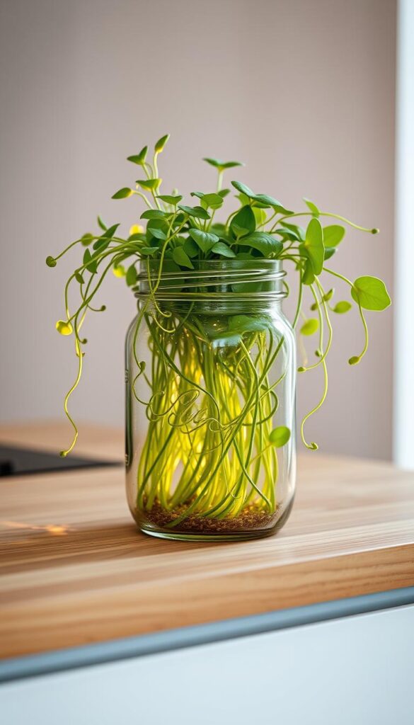 A beautifully crafted mason jar filled with lush, thriving greenery, sitting atop a sleek, minimalist wooden countertop. The jar's glass walls let the verdant plants shine, casting a warm, natural glow in the soft, diffused lighting. Delicate leaves and tendrils cascade gracefully, creating a serene, welcoming atmosphere. The jar's classic silhouette and the smooth, earthy tones of the wood surface blend harmoniously, showcasing a stylish, small-space indoor garden solution. Captured from a close, eye-level angle to emphasize the jar's tactile presence and the vibrant, healthy plants within.