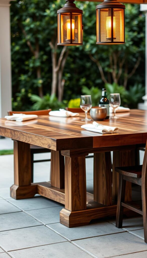 A beautifully crafted outdoor dining table, its surface gleaming with a rich, distressed wood finish. Sturdy yet refined, it stands upon a solid oak base, subtly tapered legs lending an elegant silhouette. Crisp white linen napkins are neatly folded, accenting the table's natural tones. Overhead, a gentle warm glow from carefully placed lanterns casts a soft, inviting light, creating an intimate, welcoming atmosphere. The surrounding greenery of the backyard frames the scene, blurring into a softly focused background. This is the perfect setting for al fresco dining, where memories are made and flavors savored.