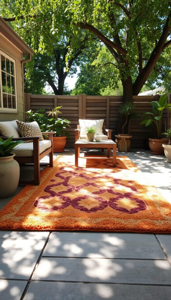 A beautifully crafted outdoor rug rests on a neatly swept patio, the warm, earthy tones complementing the weathered wooden furniture and potted plants surrounding it. Soft, plush fibers invite bare feet to sink in, while the intricate geometric pattern adds a touch of modern sophistication. Dappled sunlight filters through the overhead trees, casting a gentle glow and creating subtle shadows that add depth and dimension to the scene. The rug's neutral palette allows it to seamlessly blend with the natural, rustic ambiance, creating a cohesive and inviting outdoor living space.