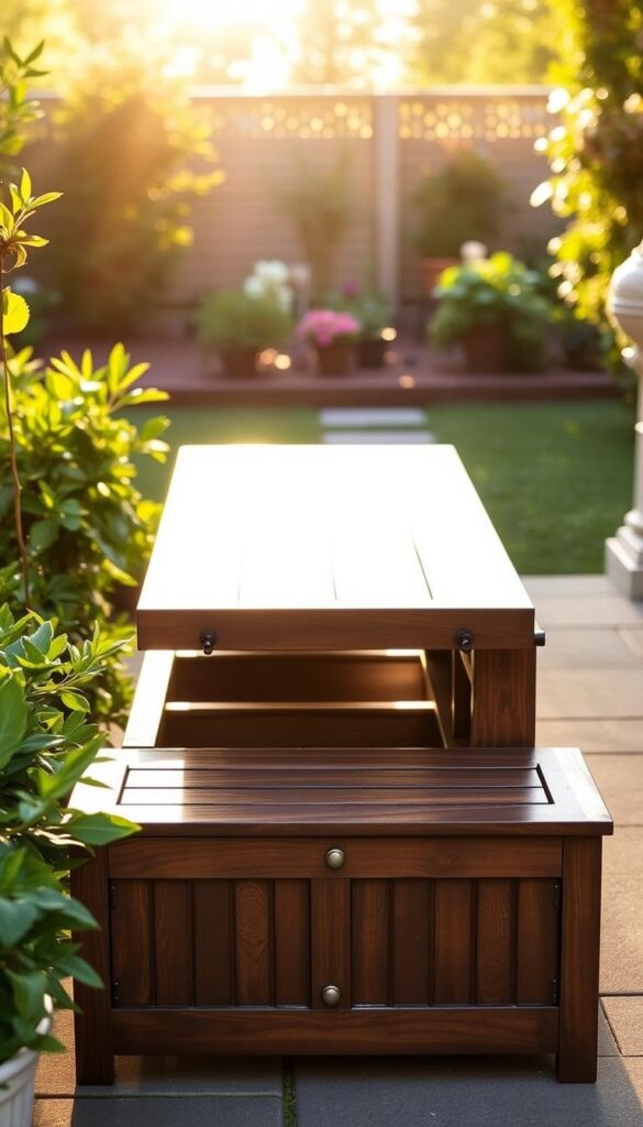 A beautifully crafted outdoor storage bench, its smooth wooden surface gleaming in the warm afternoon sunlight. The elegant silhouette is framed by lush greenery, with a neatly tended garden in the background. The bench's design features ample hidden storage compartments, perfect for stashing gardening tools, outdoor accessories, or seasonal decor. Subtle details like wrought-iron hardware and a weathered finish give the piece a timeless, rustic charm. Captured from a slightly elevated angle, the image conveys a sense of tranquility and functionality, perfectly suited for a small, well-curated outdoor space.