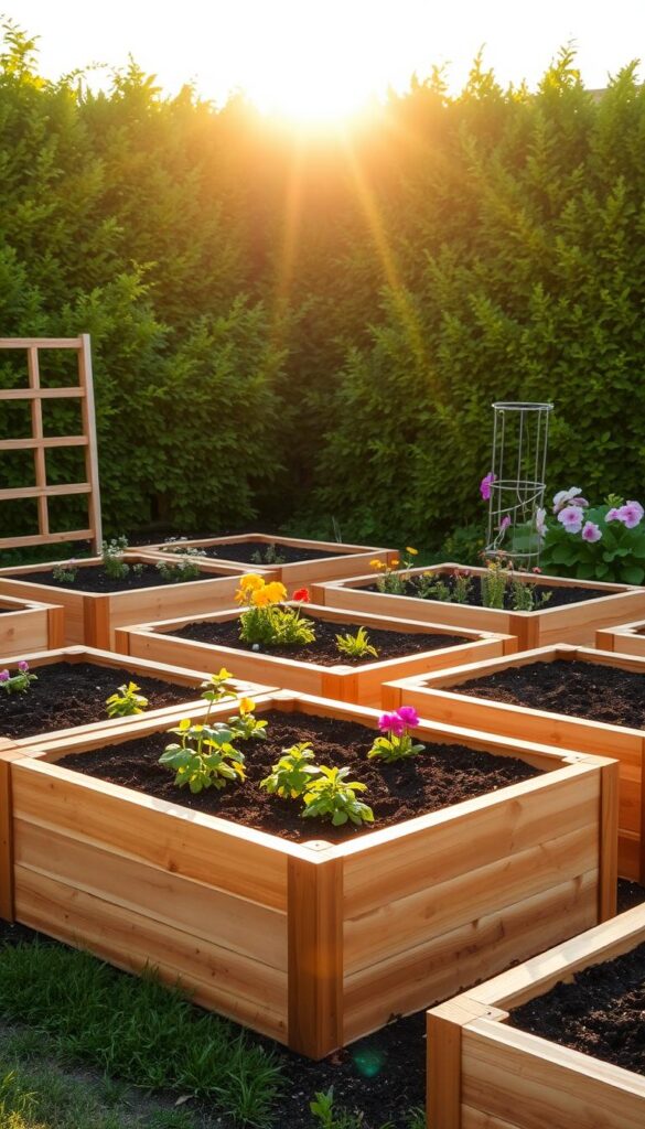 A beautifully crafted raised garden bed, its wooden frame standing proudly against a lush, verdant backdrop. The beds are meticulously constructed, their rectangular shapes precisely measured and arranged, creating an organized, visually appealing layout. Warm, golden sunlight filters through the scene, casting a soft, inviting glow and casting subtle shadows that accentuate the depth and texture of the wooden planks. The soil within the beds is rich and dark, ready to nourish a thriving array of vibrant flowers and lush greenery. A sense of order and tranquility pervades the scene, inviting the viewer to envision the joys of cultivating a bountiful and visually captivating raised garden. A beautifully crafted raised garden bed, its wooden frame standing proudly against a lush, verdant backdrop. The beds are meticulously constructed, their rectangular shapes precisely measured and arranged, creating an organized, visually appealing layout. Warm, golden sunlight filters through the scene, casting a soft, inviting glow and casting subtle shadows that accentuate the depth and texture of the wooden planks. The soil within the beds is rich and dark, ready to nourish a thriving array of vibrant flowers and lush greenery. A sense of order and tranquility pervades the scene, inviting the viewer to envision the joys of cultivating a bountiful and visually captivating raised garden.
