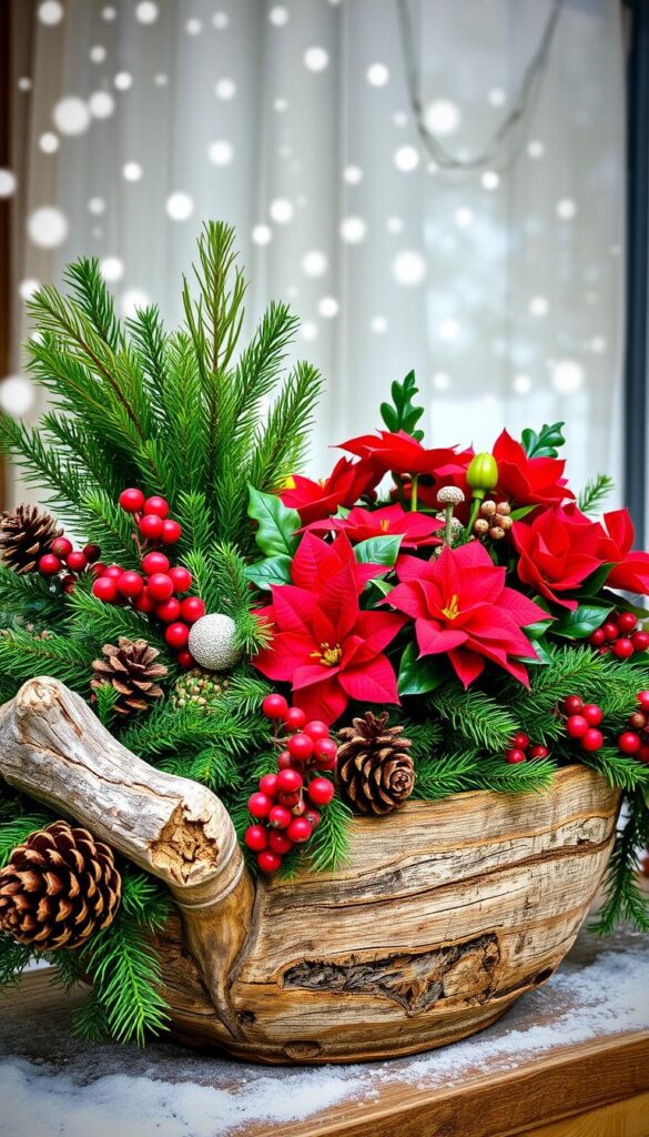 A beautifully crafted winter planter showcasing a harmonious blend of textures, shapes, and colors. In the foreground, a mix of evergreen foliage, pine cones, and weathered wood create a tactile, rustic contrast. The middle ground features a vibrant display of poinsettias, holly, and berries, providing pops of festive hues. Framing the composition, the background subtly incorporates a snowfall effect, evoking a serene, wintry atmosphere. The lighting is soft and diffused, highlighting the dimensional elements and casting gentle shadows. The camera angle is slightly elevated, allowing the viewer to appreciate the artful arrangement in its entirety.