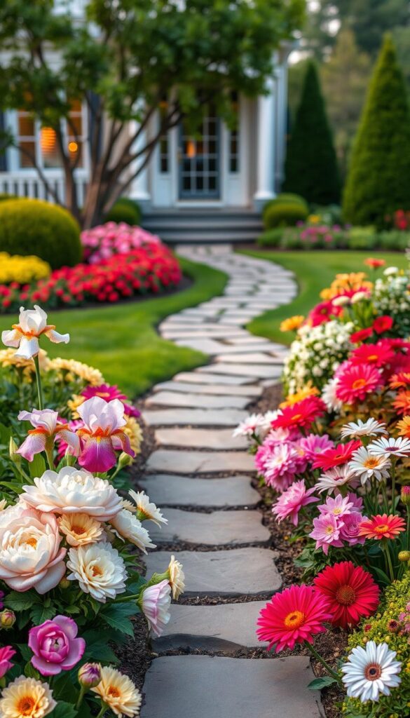 A beautifully designed front yard flower bed, showcasing a harmonious blend of vibrant colors and elegant floral arrangements. The foreground features a carefully curated selection of blooming flowers, including lush peonies, delicate irises, and vibrant dahlias, arranged in a visually striking pattern. The middle ground showcases a stone pathway winding through the garden, leading the eye towards a well-manicured lawn and a backdrop of neatly trimmed shrubs and trees. The scene is bathed in warm, diffused lighting, creating a serene and inviting atmosphere that perfectly complements the architectural style of the house. The overall design reflects a classic, timeless aesthetic that seamlessly integrates with the surrounding neighborhood. A beautifully designed front yard flower bed, showcasing a harmonious blend of vibrant colors and elegant floral arrangements. The foreground features a carefully curated selection of blooming flowers, including lush peonies, delicate irises, and vibrant dahlias, arranged in a visually striking pattern. The middle ground showcases a stone pathway winding through the garden, leading the eye towards a well-manicured lawn and a backdrop of neatly trimmed shrubs and trees. The scene is bathed in warm, diffused lighting, creating a serene and inviting atmosphere that perfectly complements the architectural style of the house. The overall design reflects a classic, timeless aesthetic that seamlessly integrates with the surrounding neighborhood.