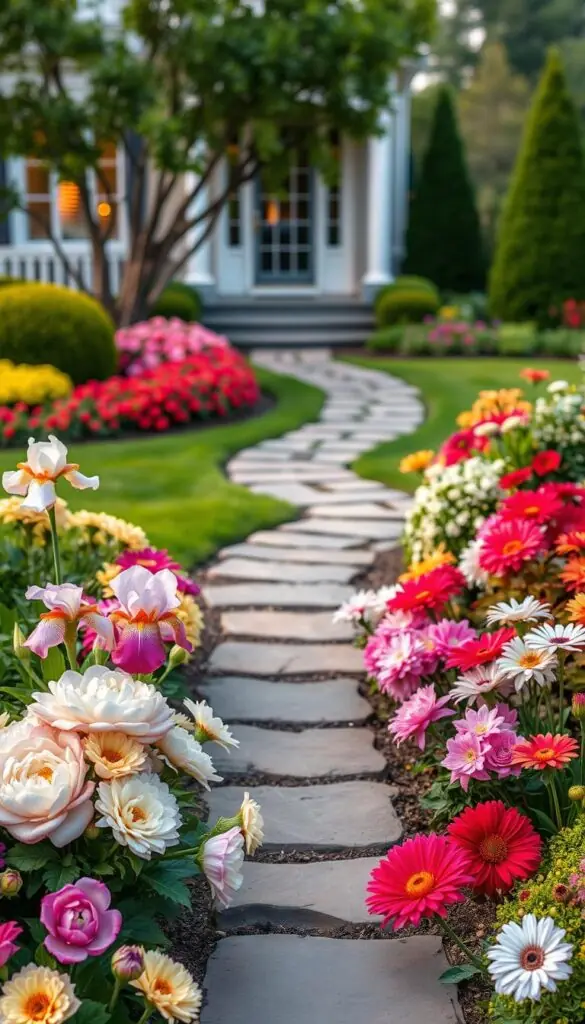 A beautifully designed front yard flower bed, showcasing a harmonious blend of vibrant colors and elegant floral arrangements. The foreground features a carefully curated selection of blooming flowers, including lush peonies, delicate irises, and vibrant dahlias, arranged in a visually striking pattern. The middle ground showcases a stone pathway winding through the garden, leading the eye towards a well-manicured lawn and a backdrop of neatly trimmed shrubs and trees. The scene is bathed in warm, diffused lighting, creating a serene and inviting atmosphere that perfectly complements the architectural style of the house. The overall design reflects a classic, timeless aesthetic that seamlessly integrates with the surrounding neighborhood. A beautifully designed front yard flower bed, showcasing a harmonious blend of vibrant colors and elegant floral arrangements. The foreground features a carefully curated selection of blooming flowers, including lush peonies, delicate irises, and vibrant dahlias, arranged in a visually striking pattern. The middle ground showcases a stone pathway winding through the garden, leading the eye towards a well-manicured lawn and a backdrop of neatly trimmed shrubs and trees. The scene is bathed in warm, diffused lighting, creating a serene and inviting atmosphere that perfectly complements the architectural style of the house. The overall design reflects a classic, timeless aesthetic that seamlessly integrates with the surrounding neighborhood.
