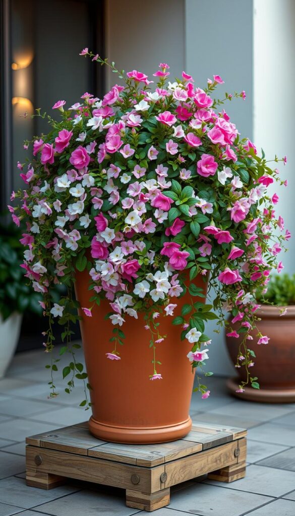 A beautifully designed patio container overflowing with a lush assortment of vibrant blooms. Delicate pink and white flowers cascade from the edges, complemented by trailing vines and verdant foliage. The container itself is a sleek, modern design in a warm terracotta hue, placed atop a sturdy wooden platform. Soft, diffused lighting illuminates the scene, creating a serene and inviting ambiance. The composition draws the eye towards the container, seamlessly blending the hardscape of the patio with the soft, organic forms of the flourishing plants. A harmonious balance of structure and nature, this container design transforms the outdoor living space into a captivating, floral oasis. A beautifully designed patio container overflowing with a lush assortment of vibrant blooms. Delicate pink and white flowers cascade from the edges, complemented by trailing vines and verdant foliage. The container itself is a sleek, modern design in a warm terracotta hue, placed atop a sturdy wooden platform. Soft, diffused lighting illuminates the scene, creating a serene and inviting ambiance. The composition draws the eye towards the container, seamlessly blending the hardscape of the patio with the soft, organic forms of the flourishing plants. A harmonious balance of structure and nature, this container design transforms the outdoor living space into a captivating, floral oasis.