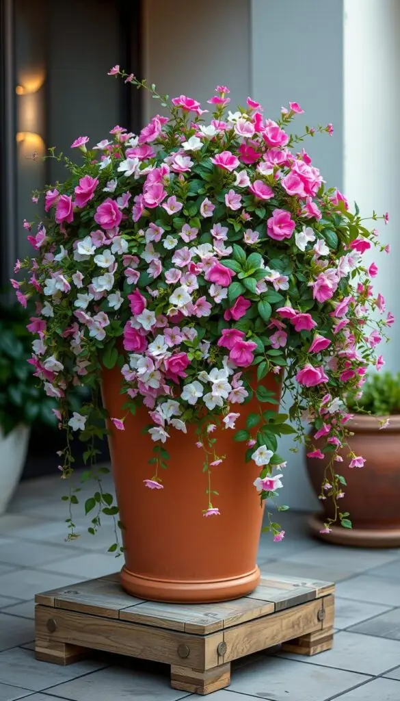 A beautifully designed patio container overflowing with a lush assortment of vibrant blooms. Delicate pink and white flowers cascade from the edges, complemented by trailing vines and verdant foliage. The container itself is a sleek, modern design in a warm terracotta hue, placed atop a sturdy wooden platform. Soft, diffused lighting illuminates the scene, creating a serene and inviting ambiance. The composition draws the eye towards the container, seamlessly blending the hardscape of the patio with the soft, organic forms of the flourishing plants. A harmonious balance of structure and nature, this container design transforms the outdoor living space into a captivating, floral oasis.