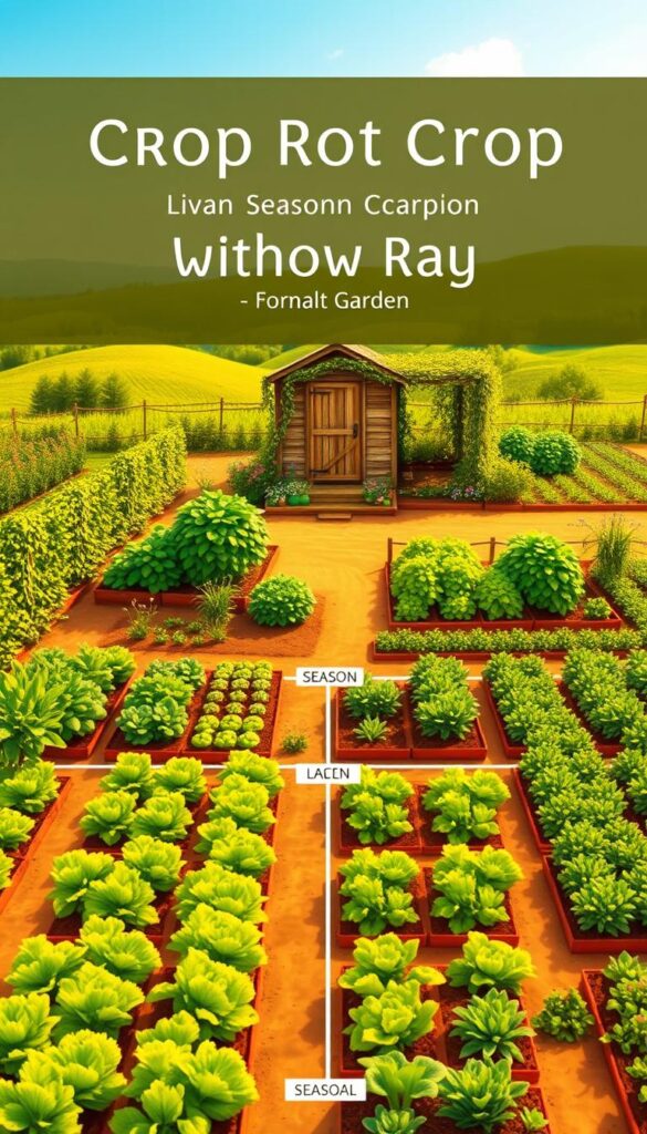 A beautifully illustrated seasonal crop rotation plan, showcasing a vibrant garden layout in a warm, golden-hued lighting. The foreground features lush, well-tended vegetable beds in an orderly grid pattern, each section labeled with the corresponding season. The middle ground depicts a wooden garden shed, surrounded by trailing vines and flowering plants, creating a charming, rustic atmosphere. In the background, a gently rolling landscape unfolds, with verdant hills and a clear, azure sky overhead, suggesting an idyllic, peaceful setting. The overall composition conveys a sense of harmony, organization, and the cyclical nature of the seasons, perfectly capturing the essence of a well-executed crop rotation plan for a small garden. A beautifully illustrated seasonal crop rotation plan, showcasing a vibrant garden layout in a warm, golden-hued lighting. The foreground features lush, well-tended vegetable beds in an orderly grid pattern, each section labeled with the corresponding season. The middle ground depicts a wooden garden shed, surrounded by trailing vines and flowering plants, creating a charming, rustic atmosphere. In the background, a gently rolling landscape unfolds, with verdant hills and a clear, azure sky overhead, suggesting an idyllic, peaceful setting. The overall composition conveys a sense of harmony, organization, and the cyclical nature of the seasons, perfectly capturing the essence of a well-executed crop rotation plan for a small garden.