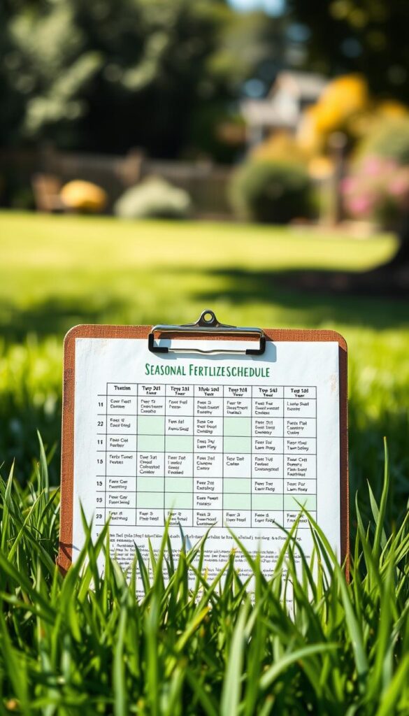 A beautifully illustrated seasonal fertilizer schedule, displayed on a rustic wooden clipboard. In the foreground, a lush, vibrant lawn with blades of grass gently swaying in natural sunlight. The middle ground showcases the clipboard, its surface weathered and textured, holding a detailed schedule outlining the optimal times for lawn feeding throughout the year, tailored to different regional climates. The background is a soft, out-of-focus landscape, hinting at the serene setting of a well-maintained backyard. The overall mood is one of practicality and gardening expertise, inviting the viewer to plan their lawn care routine for a healthier, greener expanse.