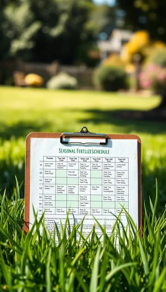 A beautifully illustrated seasonal fertilizer schedule, displayed on a rustic wooden clipboard. In the foreground, a lush, vibrant lawn with blades of grass gently swaying in natural sunlight. The middle ground showcases the clipboard, its surface weathered and textured, holding a detailed schedule outlining the optimal times for lawn feeding throughout the year, tailored to different regional climates. The background is a soft, out-of-focus landscape, hinting at the serene setting of a well-maintained backyard. The overall mood is one of practicality and gardening expertise, inviting the viewer to plan their lawn care routine for a healthier, greener expanse. A beautifully illustrated seasonal fertilizer schedule, displayed on a rustic wooden clipboard. In the foreground, a lush, vibrant lawn with blades of grass gently swaying in natural sunlight. The middle ground showcases the clipboard, its surface weathered and textured, holding a detailed schedule outlining the optimal times for lawn feeding throughout the year, tailored to different regional climates. The background is a soft, out-of-focus landscape, hinting at the serene setting of a well-maintained backyard. The overall mood is one of practicality and gardening expertise, inviting the viewer to plan their lawn care routine for a healthier, greener expanse.