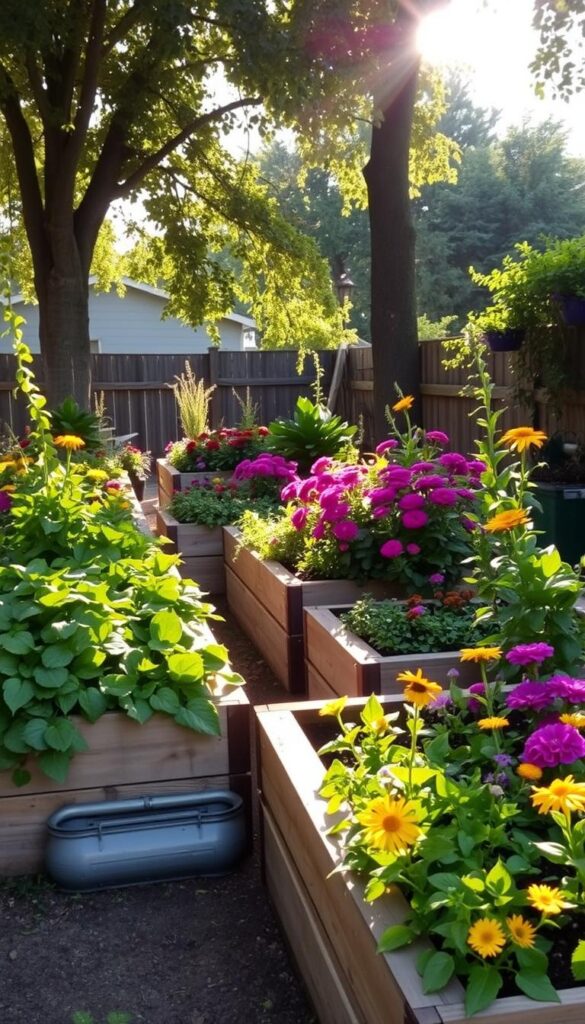 A beautifully landscaped raised garden bed, nestled in a serene backyard setting. The beds are constructed with sturdy, weathered wooden planks, their edges softened by trailing vines and lush, vibrant flowers. Sunlight filters through the canopy of trees, casting a warm, golden glow over the scene. Plush green foliage fills the beds, punctuated by the vibrant hues of blooming perennials and annuals. The overall atmosphere is one of tranquility and natural harmony, inviting the viewer to imagine the joys of tending to this bountiful, yet effortlessly beautiful, urban oasis. A beautifully landscaped raised garden bed, nestled in a serene backyard setting. The beds are constructed with sturdy, weathered wooden planks, their edges softened by trailing vines and lush, vibrant flowers. Sunlight filters through the canopy of trees, casting a warm, golden glow over the scene. Plush green foliage fills the beds, punctuated by the vibrant hues of blooming perennials and annuals. The overall atmosphere is one of tranquility and natural harmony, inviting the viewer to imagine the joys of tending to this bountiful, yet effortlessly beautiful, urban oasis.