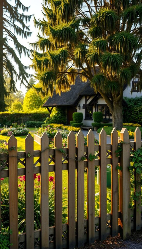 A beautifully manicured garden with a charming wooden fence in the foreground, adorned with intricate latticework and climbing vines. The fence casts gentle shadows across the lush, colorful flower beds in the middle ground, creating a warm, inviting atmosphere. In the background, a quaint cottage with a thatched roof and picturesque windows emerges, surrounded by tall, swaying trees that filter the golden afternoon sunlight. The overall scene radiates a sense of timeless elegance and rustic charm, perfectly capturing the essence of a picturesque English country garden.