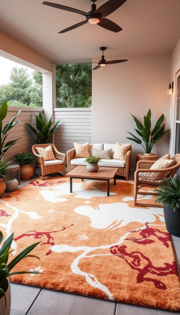 A beautifully styled outdoor patio with a large, plush area rug as the centerpiece. The rug features a bold, abstract pattern in warm, earthy tones that complement the surrounding natural elements. A wicker loveseat and matching chairs are arranged around a low, wooden coffee table, creating an intimate seating area. Lush, potted plants flank the edges, adding pops of lush greenery. Soft, ambient lighting emanates from sleek, modern fixtures overhead, casting a cozy glow across the entire scene. The overall atmosphere is one of relaxation and stylish outdoor living.