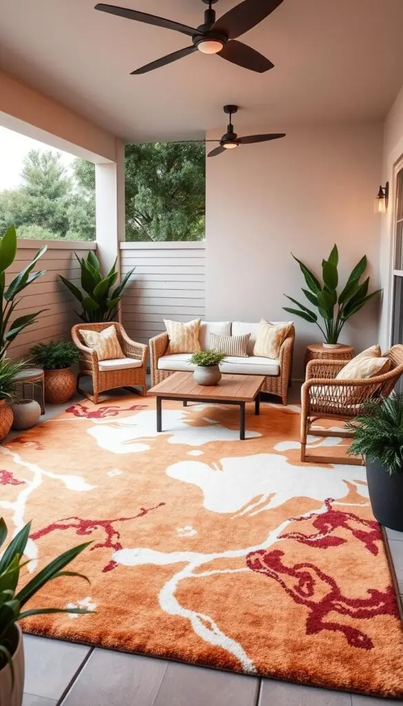 A beautifully styled outdoor patio with a large, plush area rug as the centerpiece. The rug features a bold, abstract pattern in warm, earthy tones that complement the surrounding natural elements. A wicker loveseat and matching chairs are arranged around a low, wooden coffee table, creating an intimate seating area. Lush, potted plants flank the edges, adding pops of lush greenery. Soft, ambient lighting emanates from sleek, modern fixtures overhead, casting a cozy glow across the entire scene. The overall atmosphere is one of relaxation and stylish outdoor living.