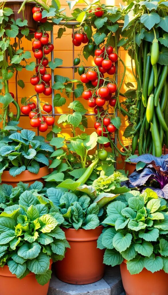 A bountiful assortment of the best container-friendly vegetables, artfully arranged against a warm, sun-dappled backdrop. In the foreground, lush leafy greens such as kale, spinach, and Swiss chard spill gracefully from terracotta pots, while vibrant cherry tomatoes and compact bush beans climb trellises in the middle ground. Cascading vines of trailing cucumbers and zucchini surround the scene, creating a verdant, organic composition. The warm, golden light filters through the leaves, casting gentle shadows and highlighting the diverse textures and hues of the produce. A sense of abundance and thriving life emanates from this well-planned, space-saving container garden. A bountiful assortment of the best container-friendly vegetables, artfully arranged against a warm, sun-dappled backdrop. In the foreground, lush leafy greens such as kale, spinach, and Swiss chard spill gracefully from terracotta pots, while vibrant cherry tomatoes and compact bush beans climb trellises in the middle ground. Cascading vines of trailing cucumbers and zucchini surround the scene, creating a verdant, organic composition. The warm, golden light filters through the leaves, casting gentle shadows and highlighting the diverse textures and hues of the produce. A sense of abundance and thriving life emanates from this well-planned, space-saving container garden.