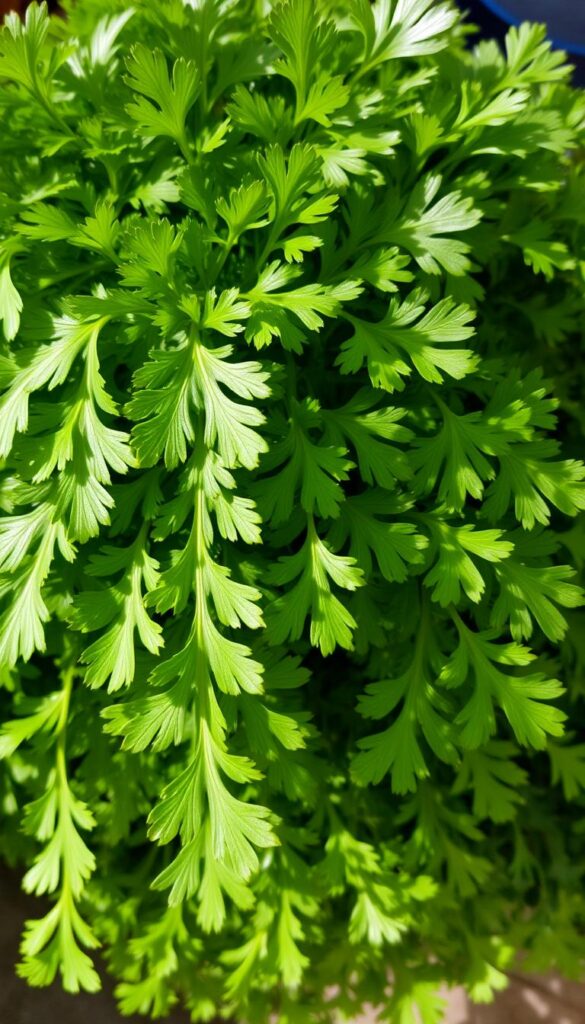 A bountiful bunch of fresh cilantro leaves, their vibrant green hues glistening under natural light. The tender fronds cascade gracefully, their delicate serrated edges revealing the plant's robust yet fragile nature. A soft focus envelops the foreground, drawing the eye to the detailed textures and subtle variations in the foliage. The background is slightly blurred, allowing the cilantro to take center stage and evoke the sense of a late winter harvest, ready to be enjoyed despite the chill of the season. A bountiful bunch of fresh cilantro leaves, their vibrant green hues glistening under natural light. The tender fronds cascade gracefully, their delicate serrated edges revealing the plant's robust yet fragile nature. A soft focus envelops the foreground, drawing the eye to the detailed textures and subtle variations in the foliage. The background is slightly blurred, allowing the cilantro to take center stage and evoke the sense of a late winter harvest, ready to be enjoyed despite the chill of the season.