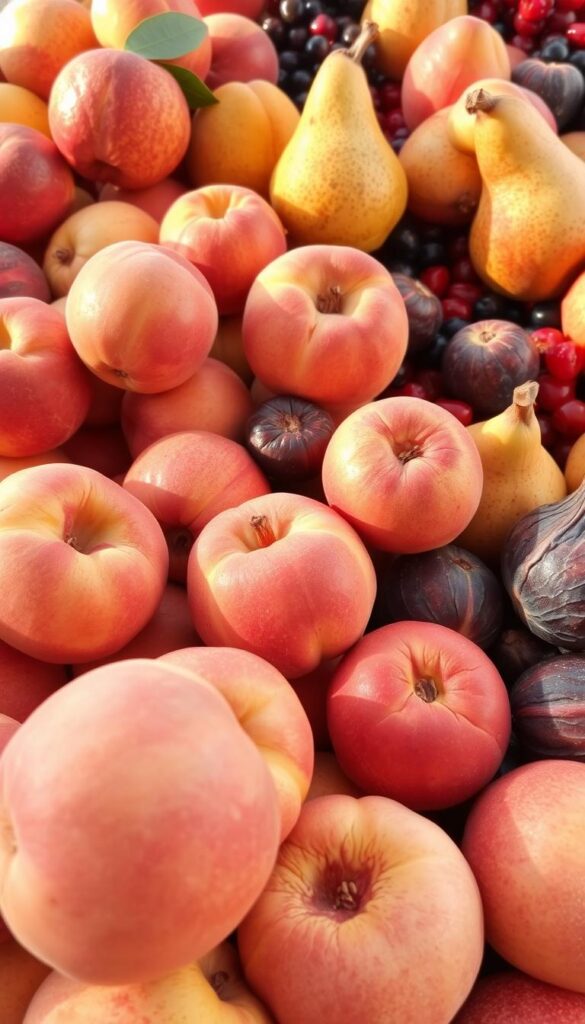 A bountiful display of climacteric fruit, their ripe hues basking in warm, golden light. In the foreground, a cluster of juicy peaches, their velvety skin flushed with a soft blush. Surrounding them, a mix of plump, fragrant nectarines and lush, yielding pears, all emanating an irresistible aroma. In the middle ground, a handful of figs, their wrinkled skins concealing the jammy sweetness within. In the background, a sprinkling of berries, their vibrant colors dotting the scene like gemstones. The overall composition conveys the essence of a summer harvest, ripe with the promise of flavor and the power of ethylene-driven ripening. A bountiful display of climacteric fruit, their ripe hues basking in warm, golden light. In the foreground, a cluster of juicy peaches, their velvety skin flushed with a soft blush. Surrounding them, a mix of plump, fragrant nectarines and lush, yielding pears, all emanating an irresistible aroma. In the middle ground, a handful of figs, their wrinkled skins concealing the jammy sweetness within. In the background, a sprinkling of berries, their vibrant colors dotting the scene like gemstones. The overall composition conveys the essence of a summer harvest, ripe with the promise of flavor and the power of ethylene-driven ripening.