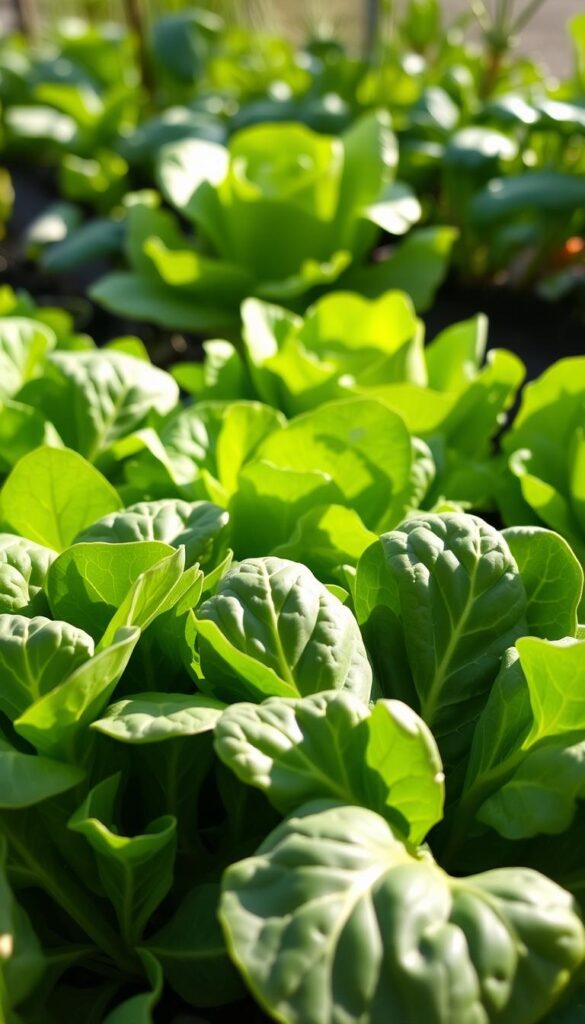 A bountiful display of early spring greens, with a crisp and vibrant spinach plant in the foreground, its broad, dark leaves contrasting beautifully with the delicate, lush green lettuce heads in the middle ground. The scene is bathed in soft, natural light, creating a serene and inviting atmosphere. The vegetables appear fresh and nourishing, ready to be harvested and enjoyed. The composition is well-balanced, with a sense of depth and texture, capturing the essence of these hardy, cut-and-come-again greens that thrive in cool spring conditions.