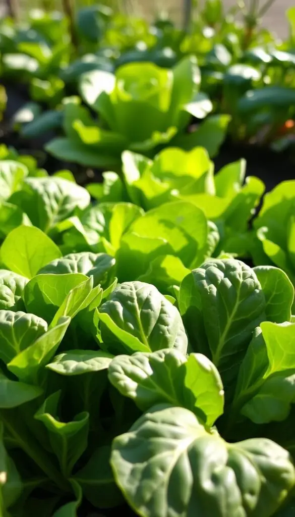 A bountiful display of early spring greens, with a crisp and vibrant spinach plant in the foreground, its broad, dark leaves contrasting beautifully with the delicate, lush green lettuce heads in the middle ground. The scene is bathed in soft, natural light, creating a serene and inviting atmosphere. The vegetables appear fresh and nourishing, ready to be harvested and enjoyed. The composition is well-balanced, with a sense of depth and texture, capturing the essence of these hardy, cut-and-come-again greens that thrive in cool spring conditions. A bountiful display of early spring greens, with a crisp and vibrant spinach plant in the foreground, its broad, dark leaves contrasting beautifully with the delicate, lush green lettuce heads in the middle ground. The scene is bathed in soft, natural light, creating a serene and inviting atmosphere. The vegetables appear fresh and nourishing, ready to be harvested and enjoyed. The composition is well-balanced, with a sense of depth and texture, capturing the essence of these hardy, cut-and-come-again greens that thrive in cool spring conditions.