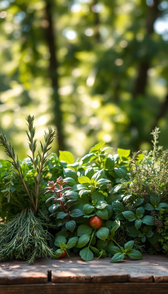 A bountiful display of seasonally timed herbs set against a softly blurred natural backdrop. In the foreground, an assortment of freshly harvested herbs - fragrant rosemary, vibrant basil, and verdant thyme - arranged in an artful composition, capturing the essence of a well-curated herb garden. The middle ground features a weathered wooden table or surface, adding a rustic, earthy touch. Dappled sunlight filters through the lush foliage in the background, creating a warm, inviting atmosphere. The overall mood is one of abundance, seasonality, and the joy of cultivating and incorporating fresh herbs into the home. A bountiful display of seasonally timed herbs set against a softly blurred natural backdrop. In the foreground, an assortment of freshly harvested herbs - fragrant rosemary, vibrant basil, and verdant thyme - arranged in an artful composition, capturing the essence of a well-curated herb garden. The middle ground features a weathered wooden table or surface, adding a rustic, earthy touch. Dappled sunlight filters through the lush foliage in the background, creating a warm, inviting atmosphere. The overall mood is one of abundance, seasonality, and the joy of cultivating and incorporating fresh herbs into the home.
