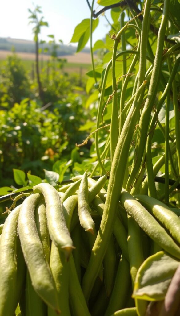A bountiful harvest of crisp, emerald-green beans nestled in a lush, sun-dappled garden. The slender, cylindrical pods cling to vibrant vines, their delicate tendrils reaching towards the warm, golden light. In the foreground, the beans glisten with morning dew, their smooth, unblemished surfaces inviting a tactile exploration. The middle ground reveals a verdant tapestry of leafy foliage, casting gentle shadows that dance across the scene. In the background, a softly blurred horizon suggests a serene, countryside setting, further enhancing the tranquil, organic atmosphere. Capture this scene with a wide-angle lens, emphasizing the depth and natural abundance of this bountiful vegetable. A bountiful harvest of crisp, emerald-green beans nestled in a lush, sun-dappled garden. The slender, cylindrical pods cling to vibrant vines, their delicate tendrils reaching towards the warm, golden light. In the foreground, the beans glisten with morning dew, their smooth, unblemished surfaces inviting a tactile exploration. The middle ground reveals a verdant tapestry of leafy foliage, casting gentle shadows that dance across the scene. In the background, a softly blurred horizon suggests a serene, countryside setting, further enhancing the tranquil, organic atmosphere. Capture this scene with a wide-angle lens, emphasizing the depth and natural abundance of this bountiful vegetable.