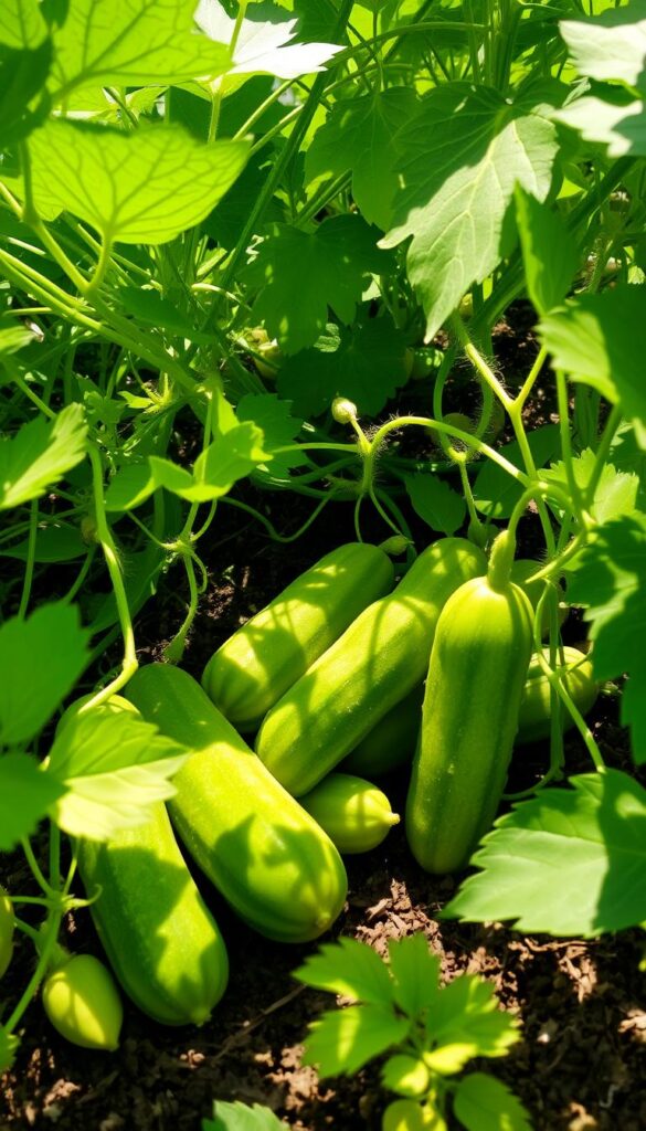 A bountiful harvest of fresh, crisp cucumbers in a sun-dappled garden. Vibrant green vines with delicate tendrils creeping along the soil, their leaves casting soft shadows. Several plump, cylindrical cucumbers of varying sizes nestle amidst the foliage, their smooth skin glistening in the warm, golden light. A gentle breeze rustles the verdant leaves, creating a tranquil, serene atmosphere. The cucumbers appear ready to be plucked, their crunch and coolness a perfect accompaniment to the height of summer's bounty. A bountiful harvest of fresh, crisp cucumbers in a sun-dappled garden. Vibrant green vines with delicate tendrils creeping along the soil, their leaves casting soft shadows. Several plump, cylindrical cucumbers of varying sizes nestle amidst the foliage, their smooth skin glistening in the warm, golden light. A gentle breeze rustles the verdant leaves, creating a tranquil, serene atmosphere. The cucumbers appear ready to be plucked, their crunch and coolness a perfect accompaniment to the height of summer's bounty.