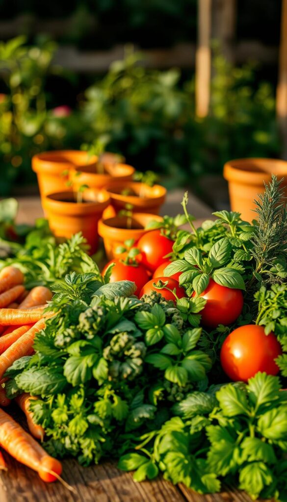 A bountiful harvest of fresh vegetables and fragrant herbs arranged artfully on a rustic wooden table, bathed in warm, golden light. In the foreground, a vibrant array of leafy greens, crunchy carrots, plump tomatoes, and vibrant herbs like basil, thyme, and rosemary. In the middle ground, a few terracotta pots with small seedlings peeking out, hinting at the new growth to come. The background softly blurred, suggesting a well-tended garden backdrop. The overall scene exudes a sense of abundance, vitality, and the joy of the autumn harvest, inviting the viewer to imagine the delicious culinary possibilities. A bountiful harvest of fresh vegetables and fragrant herbs arranged artfully on a rustic wooden table, bathed in warm, golden light. In the foreground, a vibrant array of leafy greens, crunchy carrots, plump tomatoes, and vibrant herbs like basil, thyme, and rosemary. In the middle ground, a few terracotta pots with small seedlings peeking out, hinting at the new growth to come. The background softly blurred, suggesting a well-tended garden backdrop. The overall scene exudes a sense of abundance, vitality, and the joy of the autumn harvest, inviting the viewer to imagine the delicious culinary possibilities.