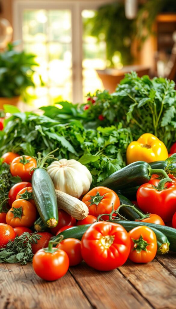 A bountiful harvest of fresh, vibrant vegetables rests on a rustic wooden table, captured in soft, natural lighting. In the foreground, a mix of heirloom tomatoes, zucchini, and bell peppers glow with an enticing sheen, their textures and shapes exquisitely detailed. In the middle ground, bunches of leafy greens and fragrant herbs cascade across the table, their verdant hues and delicate structures evoking the height of summer's abundance. The background features a warm, sun-dappled scene, perhaps a glimpse of a lush garden or a cozy kitchen, setting the stage for this display of harvest quality and culinary potential. A bountiful harvest of fresh, vibrant vegetables rests on a rustic wooden table, captured in soft, natural lighting. In the foreground, a mix of heirloom tomatoes, zucchini, and bell peppers glow with an enticing sheen, their textures and shapes exquisitely detailed. In the middle ground, bunches of leafy greens and fragrant herbs cascade across the table, their verdant hues and delicate structures evoking the height of summer's abundance. The background features a warm, sun-dappled scene, perhaps a glimpse of a lush garden or a cozy kitchen, setting the stage for this display of harvest quality and culinary potential.