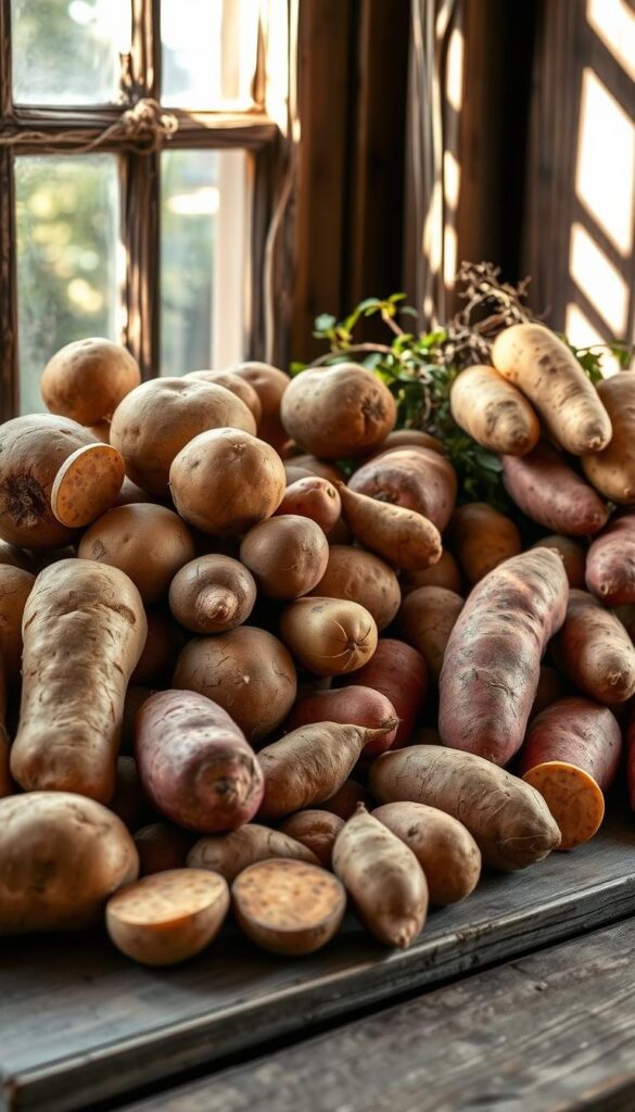 A bountiful harvest of potatoes and sweet potatoes, arranged in a rustic, earthy still life. Freshly dug tubers in a range of sizes and colors, from smooth, waxy Yukon Golds to vibrant, oblong sweet potatoes, nestled on a weathered wooden surface. Dappled natural light filters through a window, casting gentle shadows and highlighting the unique textures of each vegetable. The scene evokes a sense of homegrown abundance and the satisfaction of growing your own nourishing crops, even in a small space. Crisp, high-resolution, realistic rendering with a soft, muted color palette. A bountiful harvest of potatoes and sweet potatoes, arranged in a rustic, earthy still life. Freshly dug tubers in a range of sizes and colors, from smooth, waxy Yukon Golds to vibrant, oblong sweet potatoes, nestled on a weathered wooden surface. Dappled natural light filters through a window, casting gentle shadows and highlighting the unique textures of each vegetable. The scene evokes a sense of homegrown abundance and the satisfaction of growing your own nourishing crops, even in a small space. Crisp, high-resolution, realistic rendering with a soft, muted color palette.
